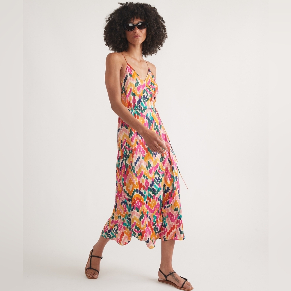 NWT - Marine Layer Tencel Bright Multicolor Archive Emma Wrap Midi Dress-Size XL - Picture 2 of 16